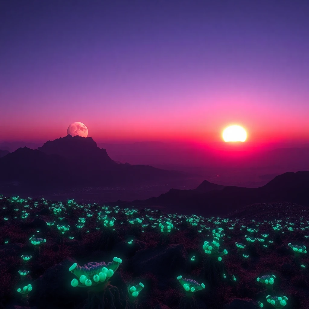 Vast alien landscape with two suns setting over purple mount