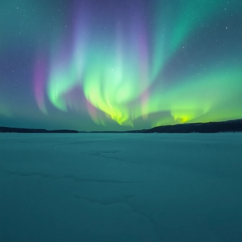 Timelapse of aurora borealis dancing over a frozen lake in N