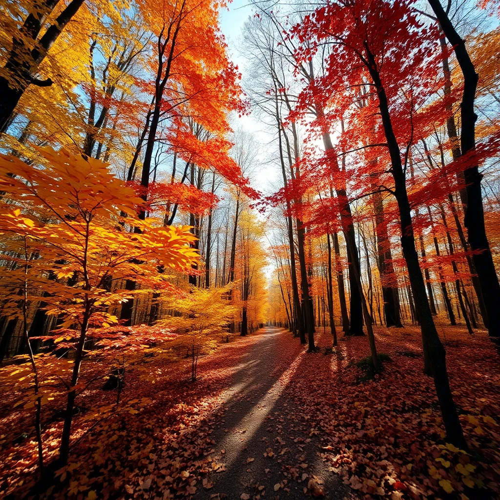 POV walking through a peaceful autumn forest, vibrant red, o