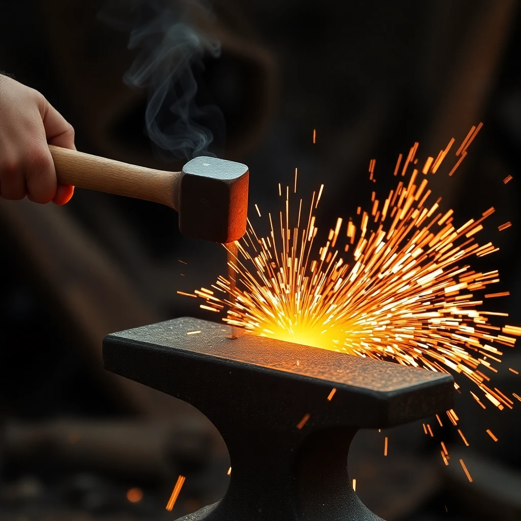 A blacksmith hammers glowing red metal on an anvil. Sparks f