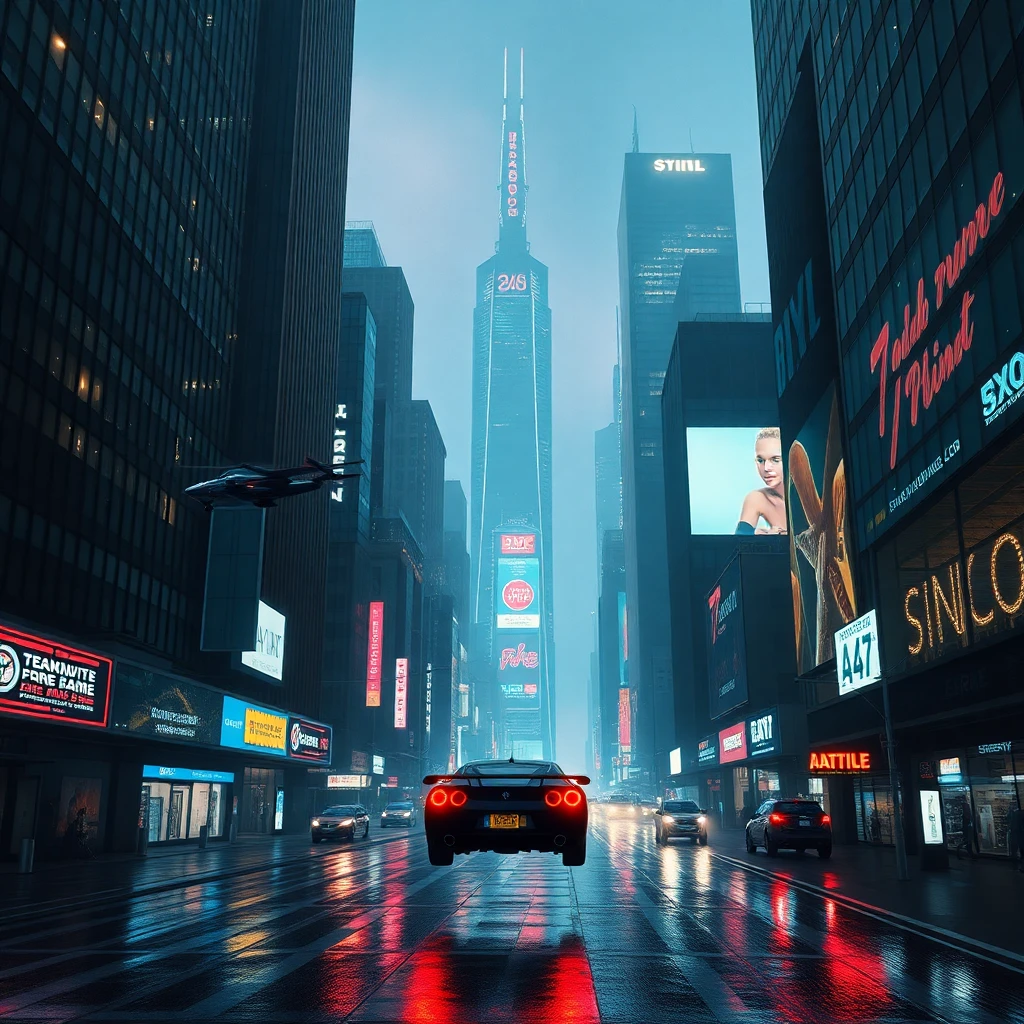 A crowded street in a cyberpunk megacity. Flying cars zoom o