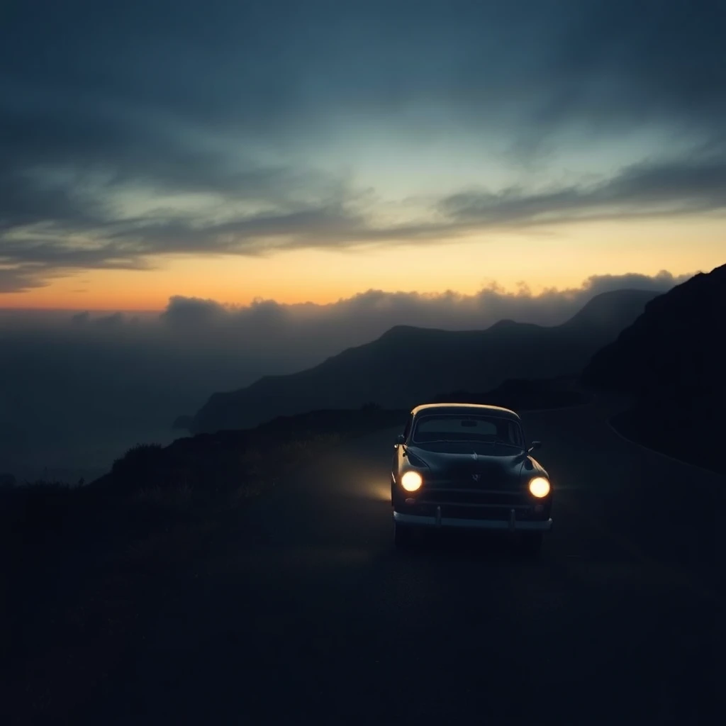 A vintage car drives along a coastal cliff road at dusk, hea