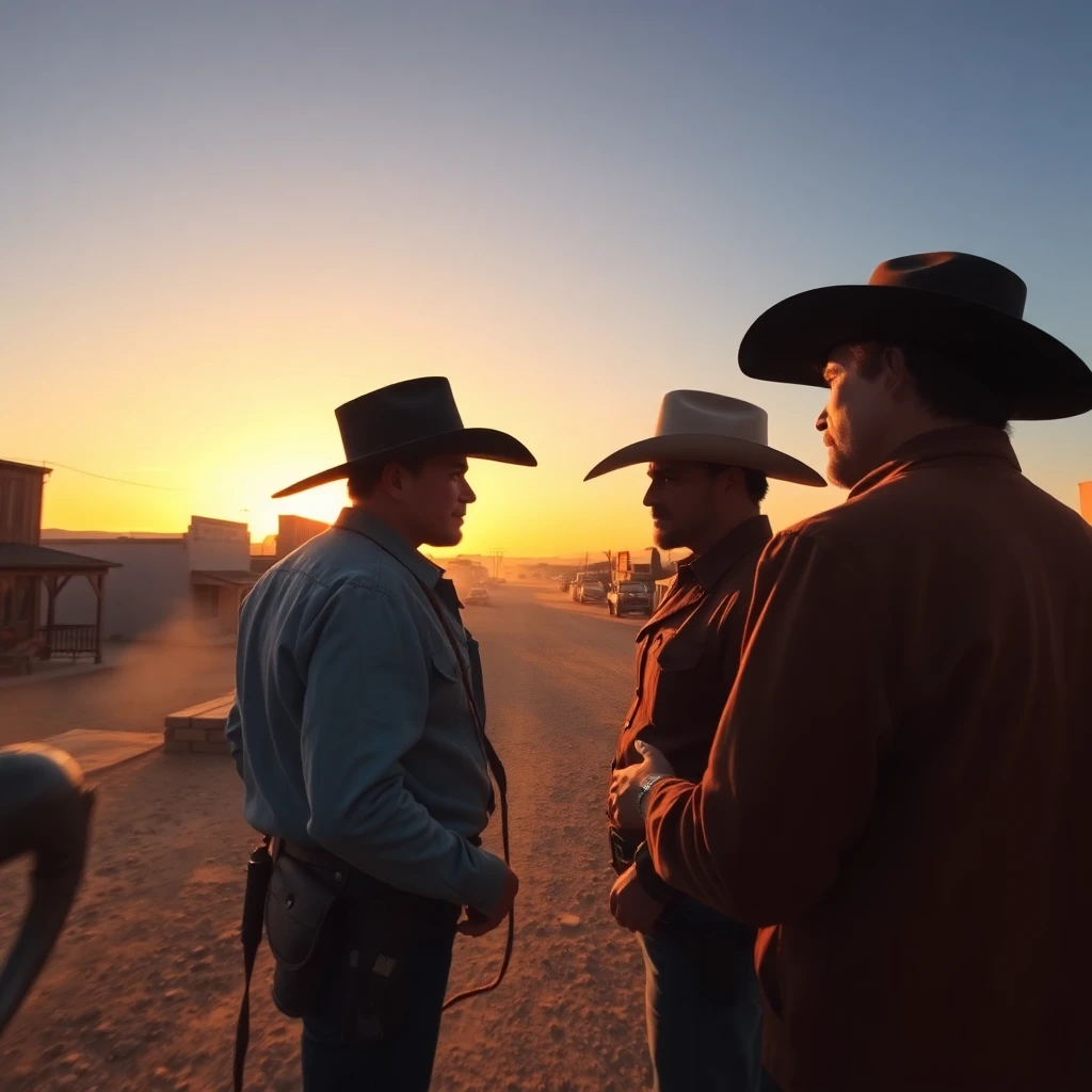 Two cowboys face off at sunset in a dusty Western town, gold