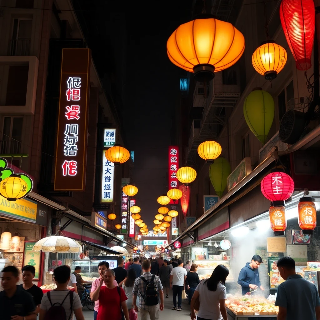Bustling night market in Hong Kong with hanging lanterns and