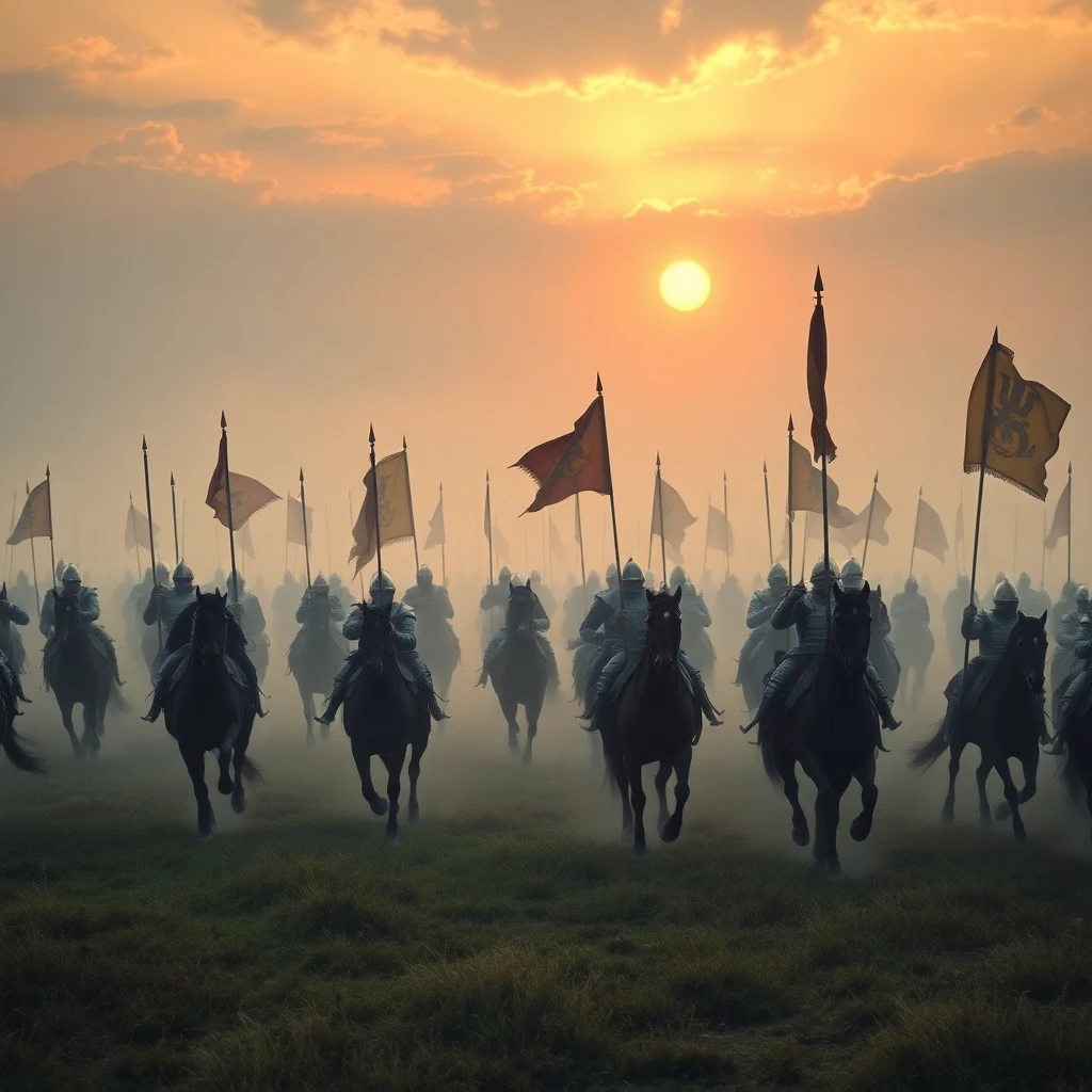 Medieval army charges across a misty battlefield at dawn. Ho