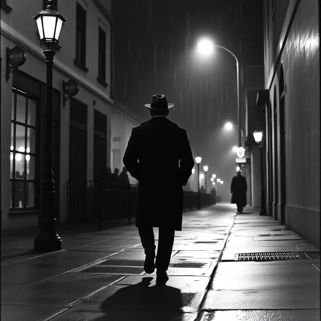 Black and white film noir scene. A detective in a trench coa