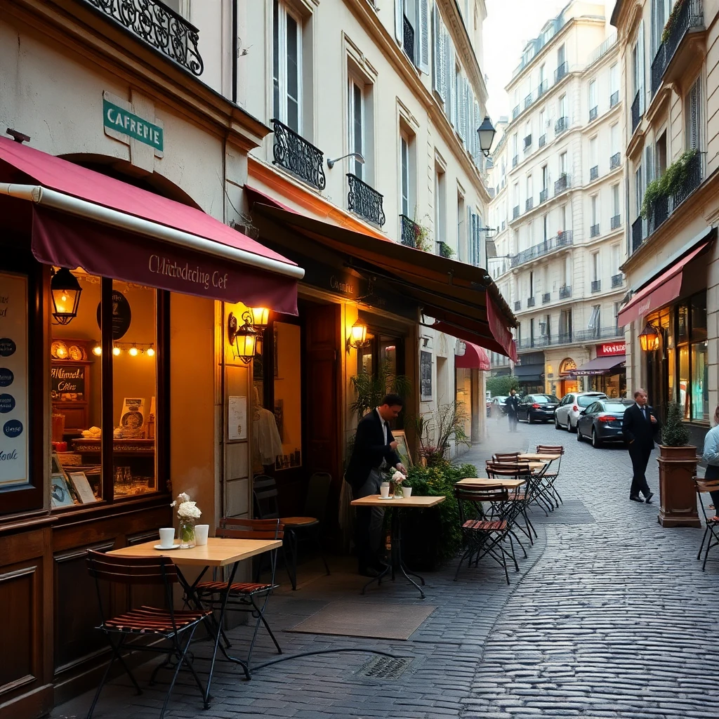Charming Parisian cafe on a cobblestone street in early morn
