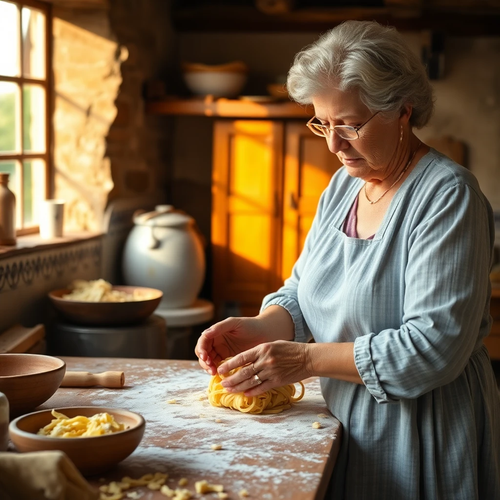 Italian grandmother makes fresh pasta in her rustic kitchen.