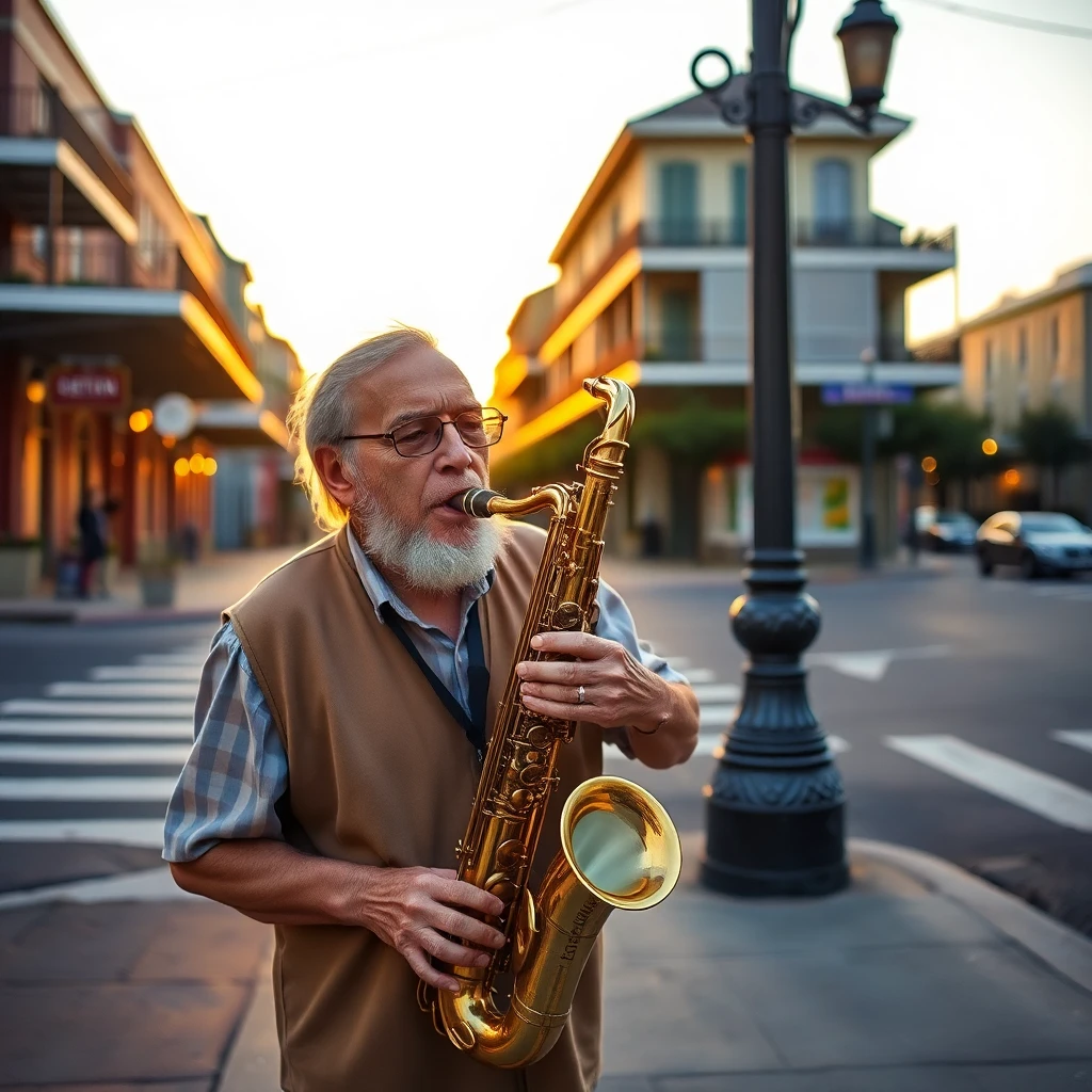 An elderly man plays saxophone on a New Orleans street corne