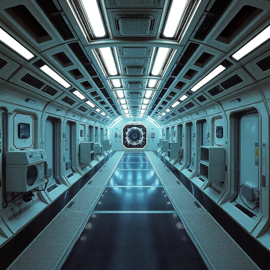 Space station interior, zero-gravity corridors with floating