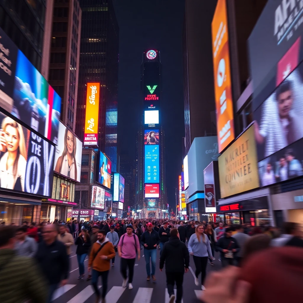 Fast-paced tracking shot through Times Square at night, mass